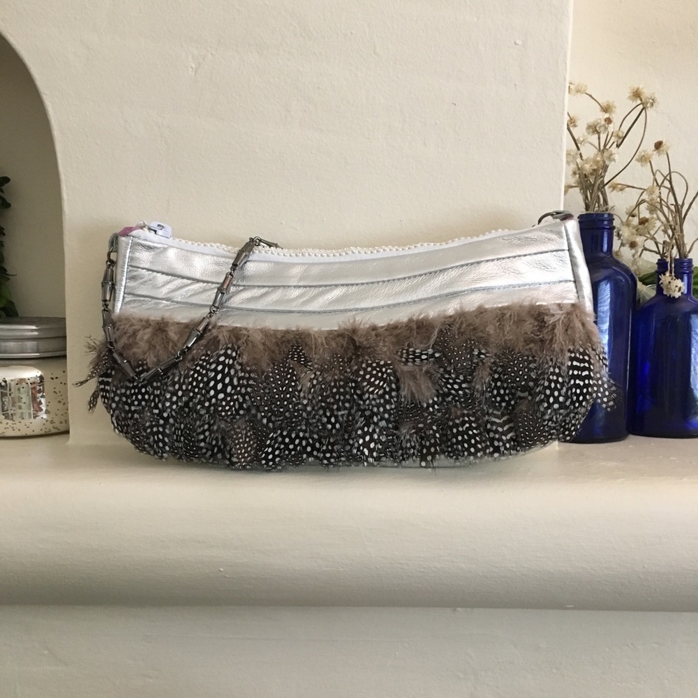 Silver metallic leather & guinea feather bag